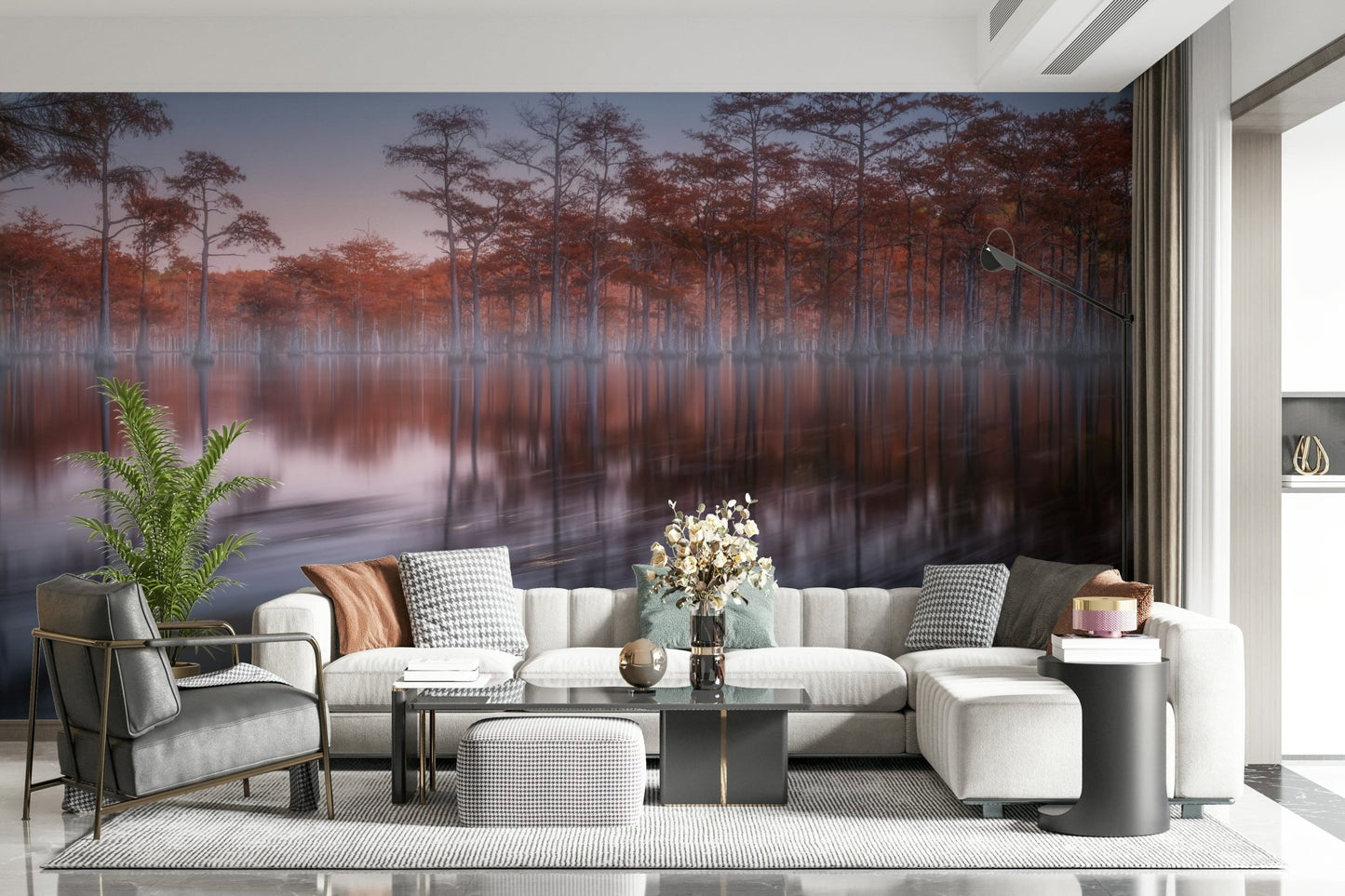 Dramatic Woodland mural, water motion blur, vertical tree line, striking landscape view.
