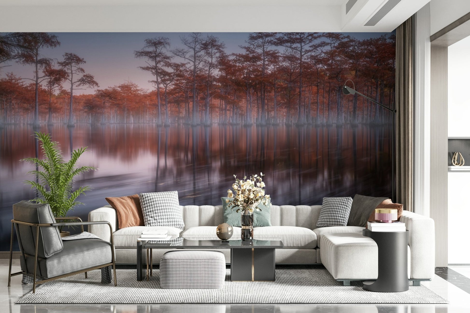 Dramatic Woodland mural, water motion blur, vertical tree line, striking landscape view.