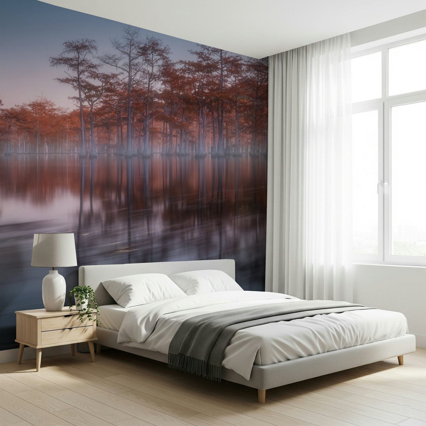 Vibrant Twilight Lagoon wallpaper, colorful foliage along lake edge, scenic photography.