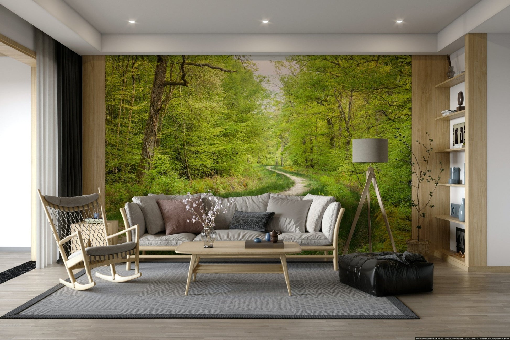 Forest path mural with tall trees

