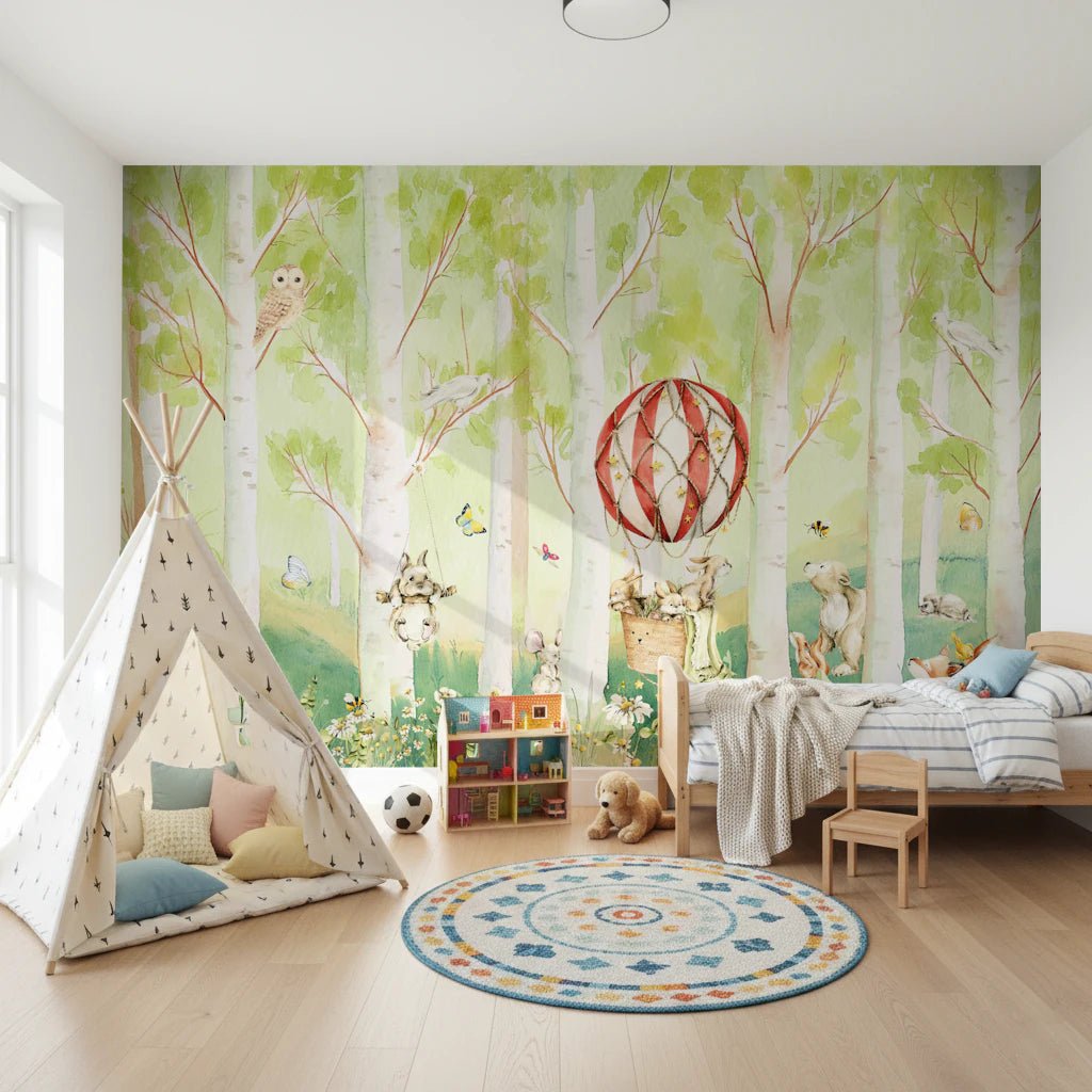 Woodland animal balloon ride mural for kids bedroom