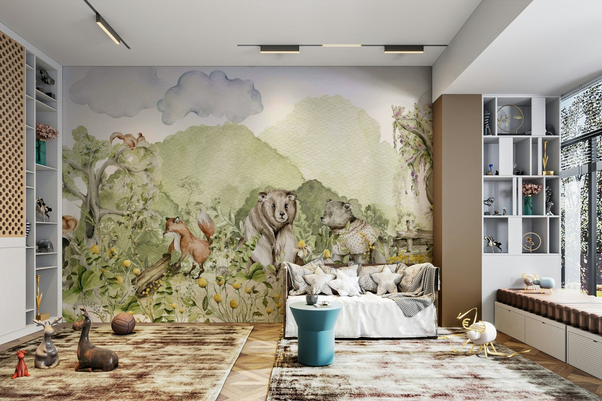 Adorable, stylized animals like foxes, deer, bunnies, owls.

