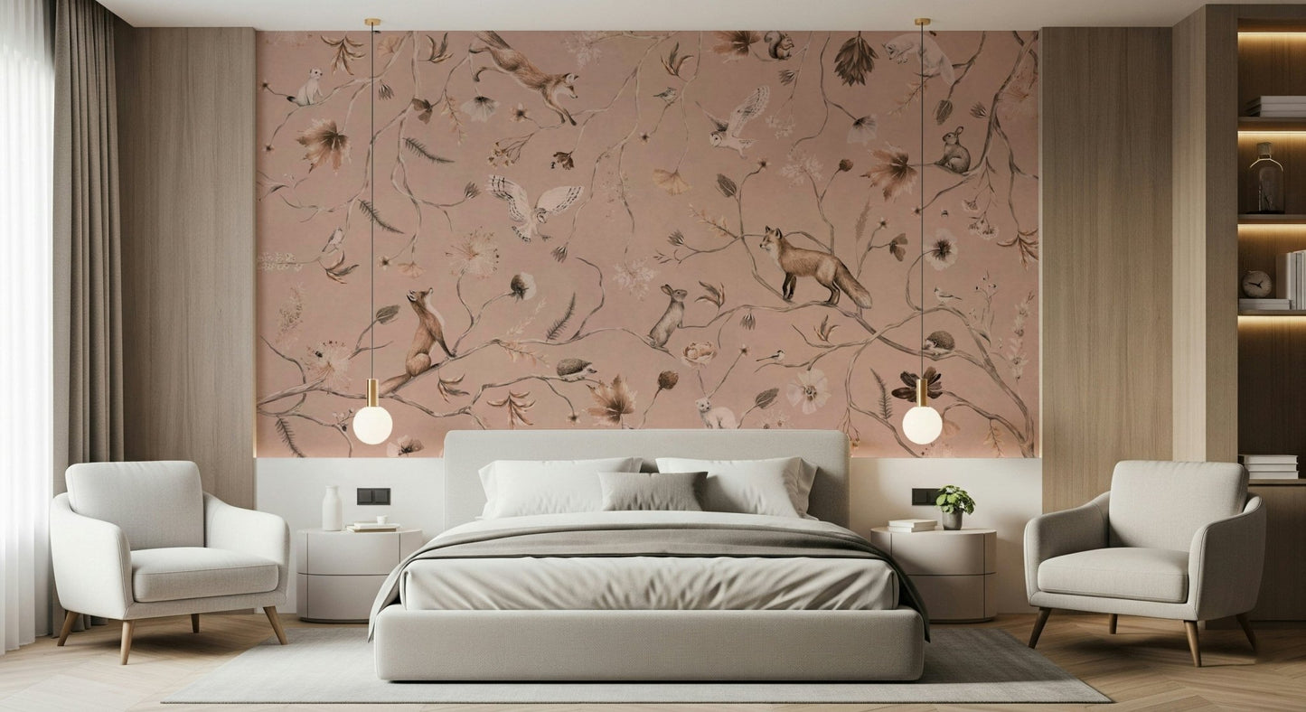 Headboard area featuring the gentle Woodland Whisper Wall Mural.