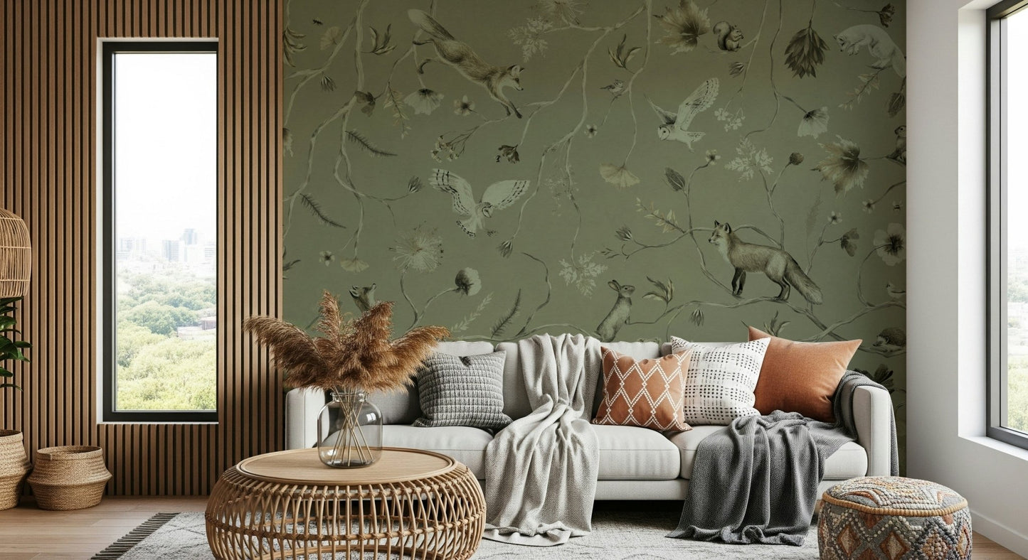 Peel and stick wallpaper in the Woodland Whisper Wall Mural design.