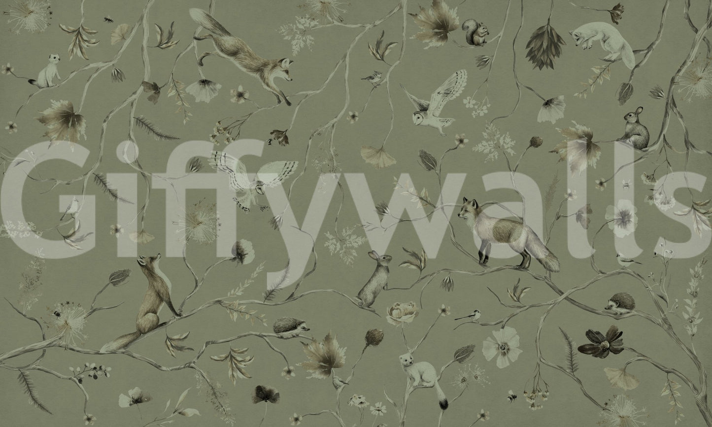 Tree silhouettes in the calming Woodland Whisper Wall Mural.