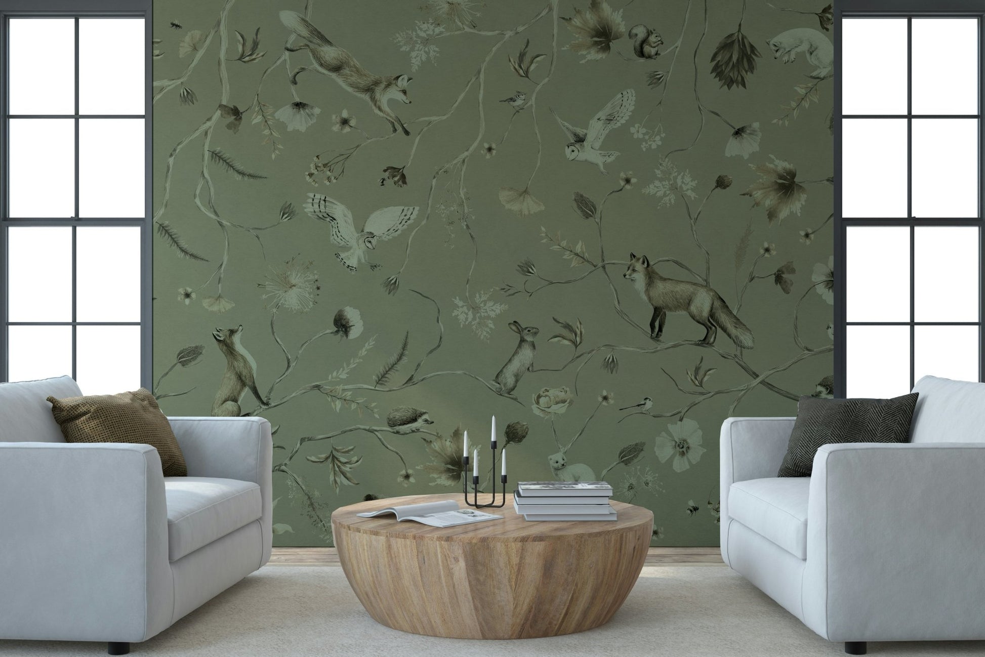 Forest animals theme in the soft Woodland Whisper Wall Mural.
