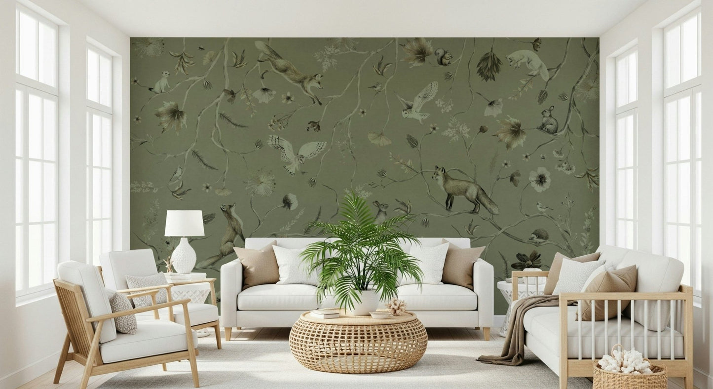 Watercolor trees on the Woodland Whisper Wall Mural.