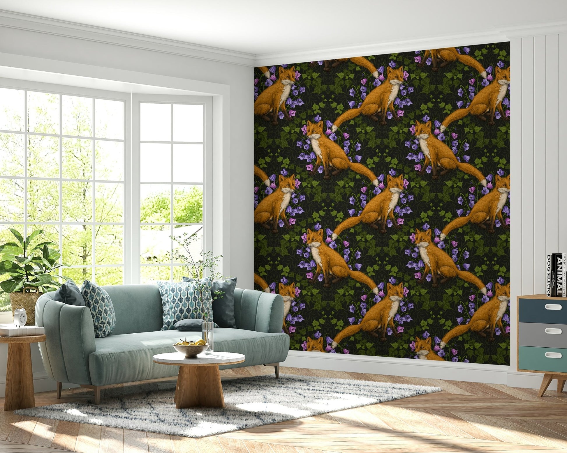 Nature-inspired wallpaper for walls using the Woodland Whispers: Fox and ivy Wallpaper.
