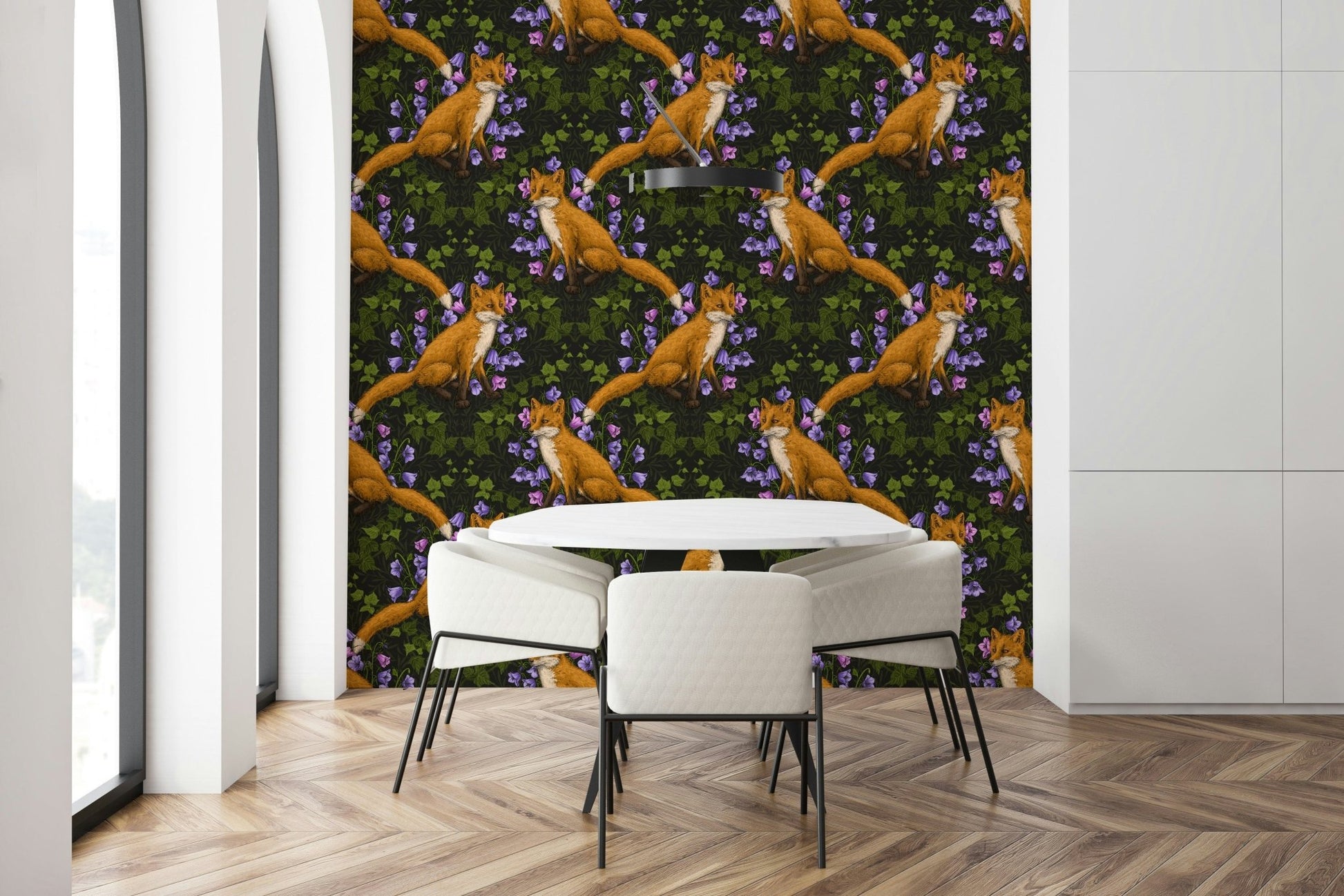 Woodland Whispers: Fox and ivy Wallpaper accent wall behind a rocking chair.