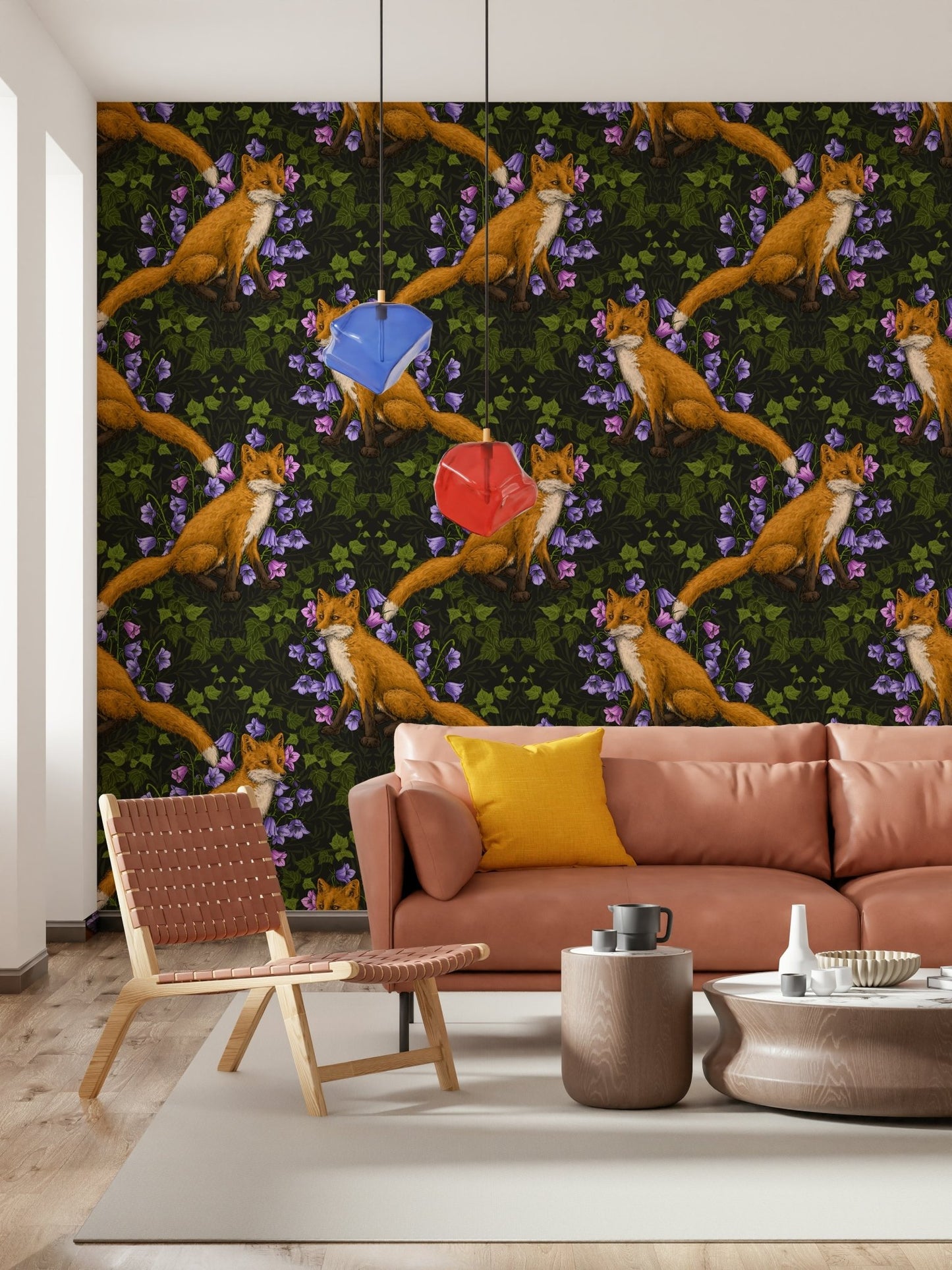 Detailed fox illustration on the Woodland Whispers: Fox and ivy Wallpaper.