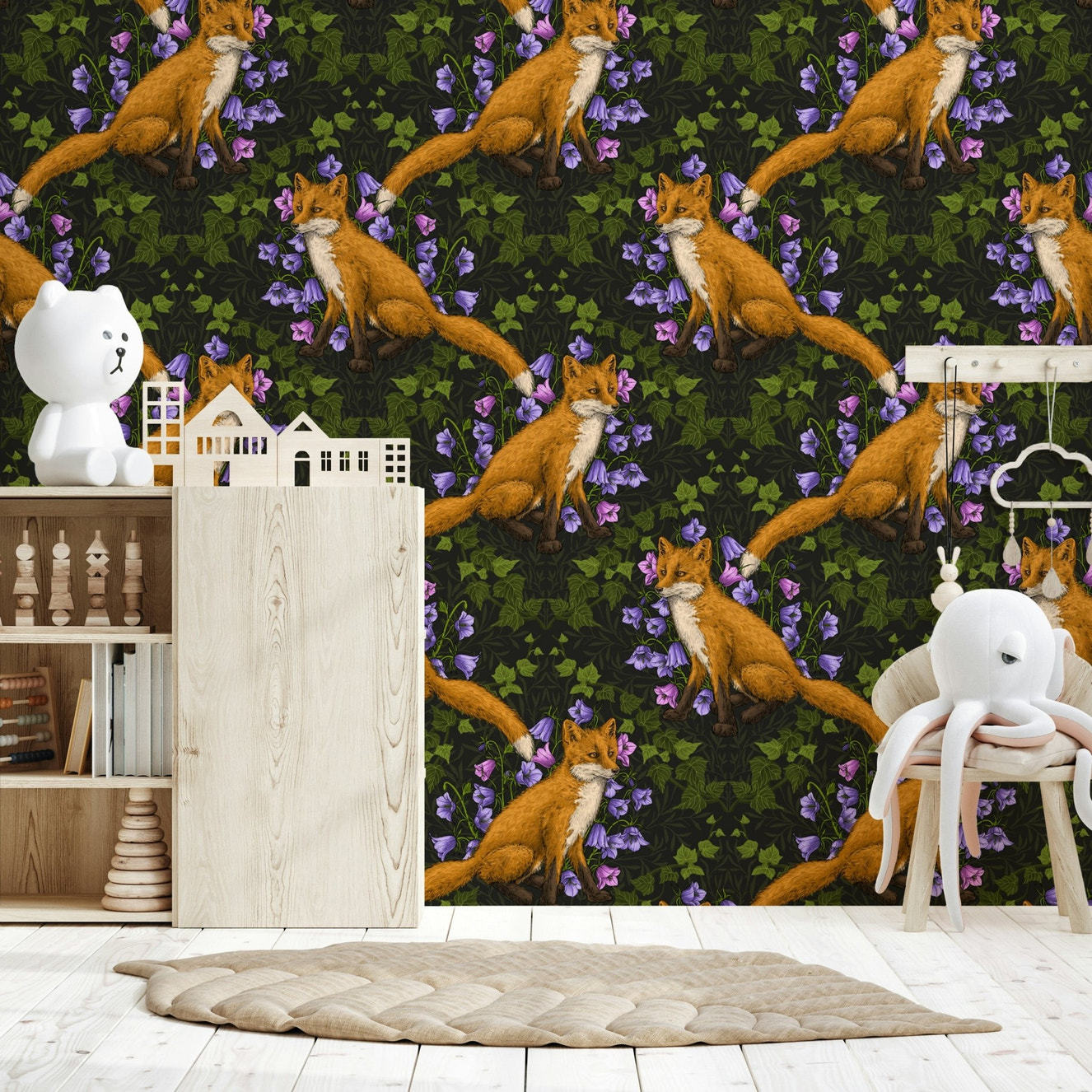 Woodland Whispers: Fox and ivy Wallpaper in a cozy rustic den.