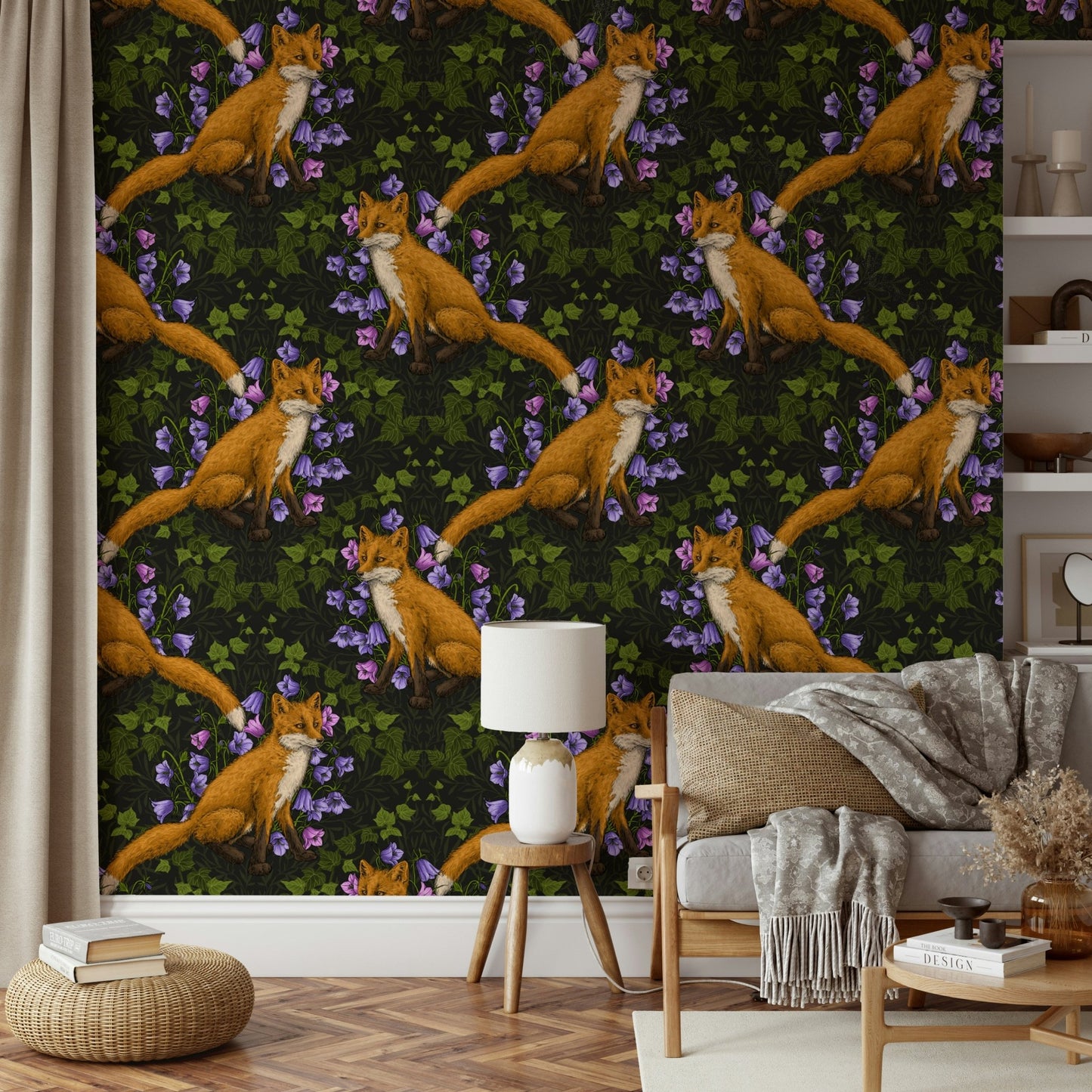 Designer interior decor with the Woodland Whispers: Fox and ivy Wallpaper print.