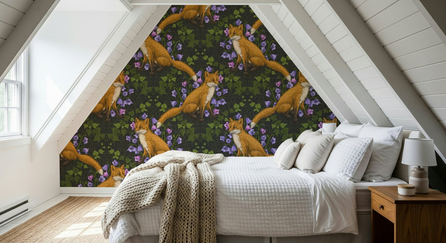 Full view of a child's bedroom with the Woodland Whispers: Fox and ivy Wallpaper.