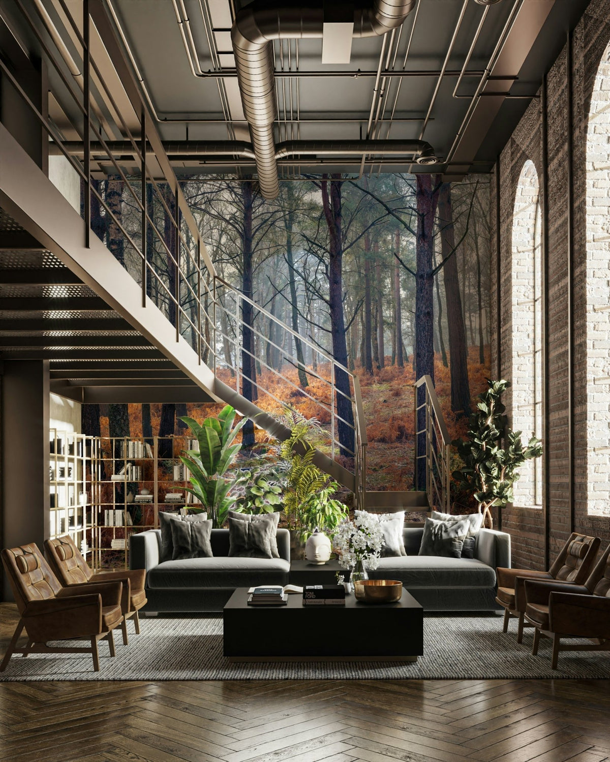Woodland Whispers Wall Mural showcasing misty pine trees GD5040
