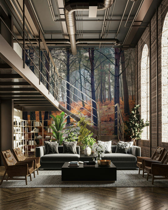 Woodland Whispers Wall Mural showcasing misty pine trees GD5040