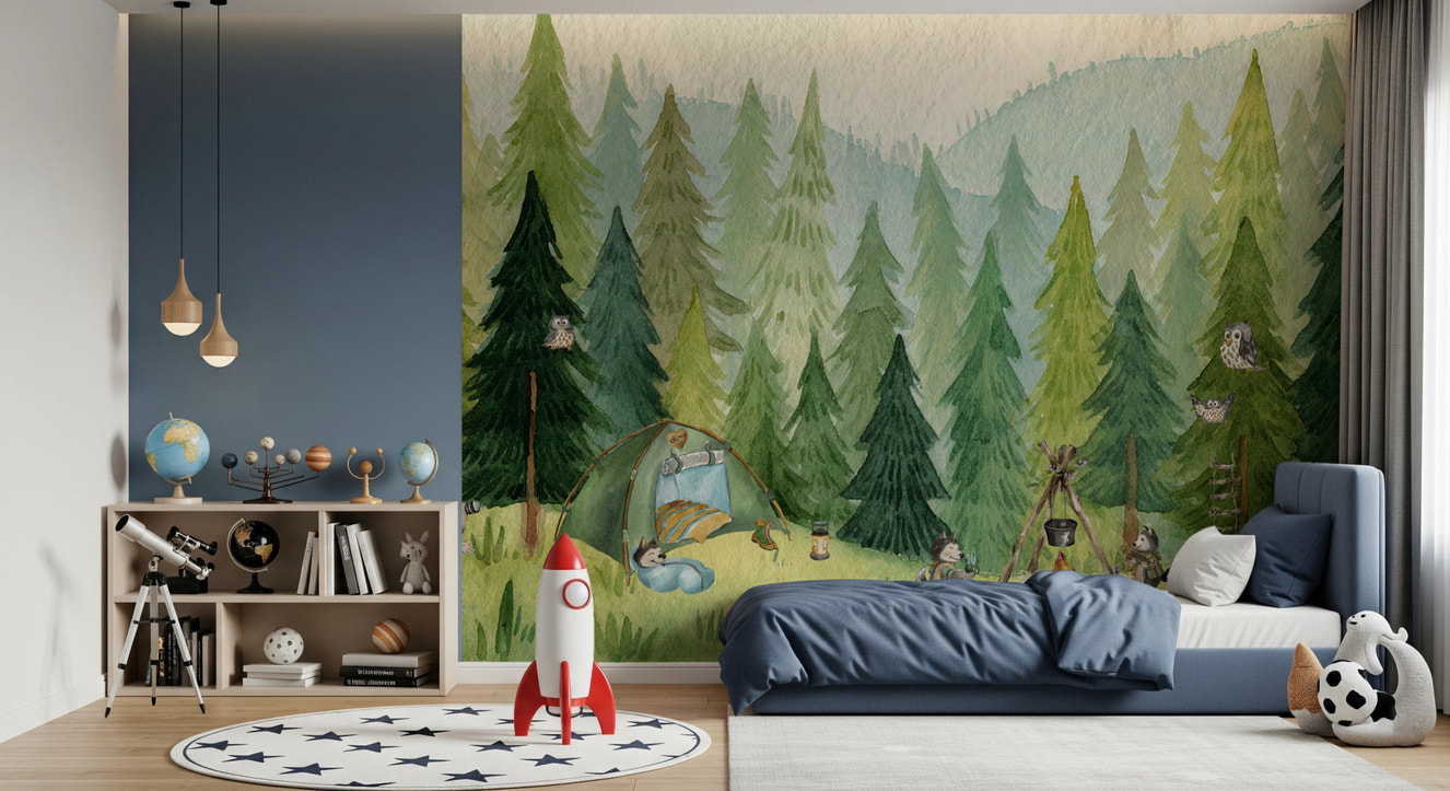 Woodland Wolf Camp Wall Mural with soft watercolor Wallpaper