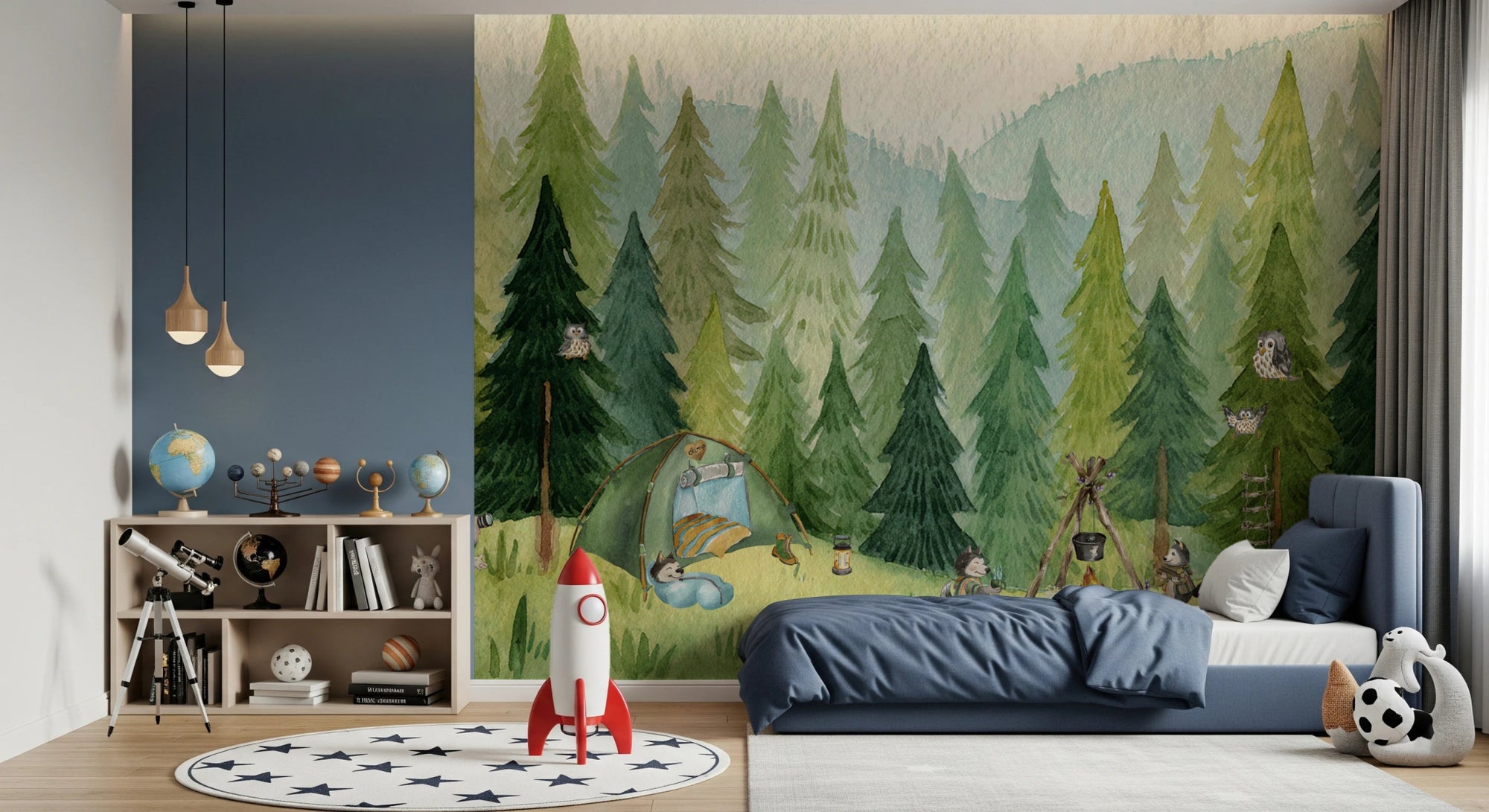 Woodland Wolf Camp Wall Mural with soft watercolor Wallpaper, GD8194
