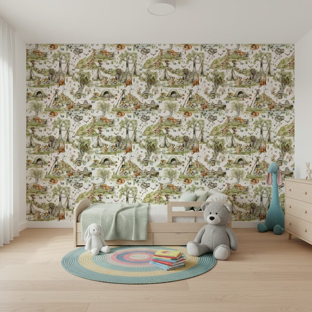 Friendly woodland friends gathering Woodland Wonders wall graphic.