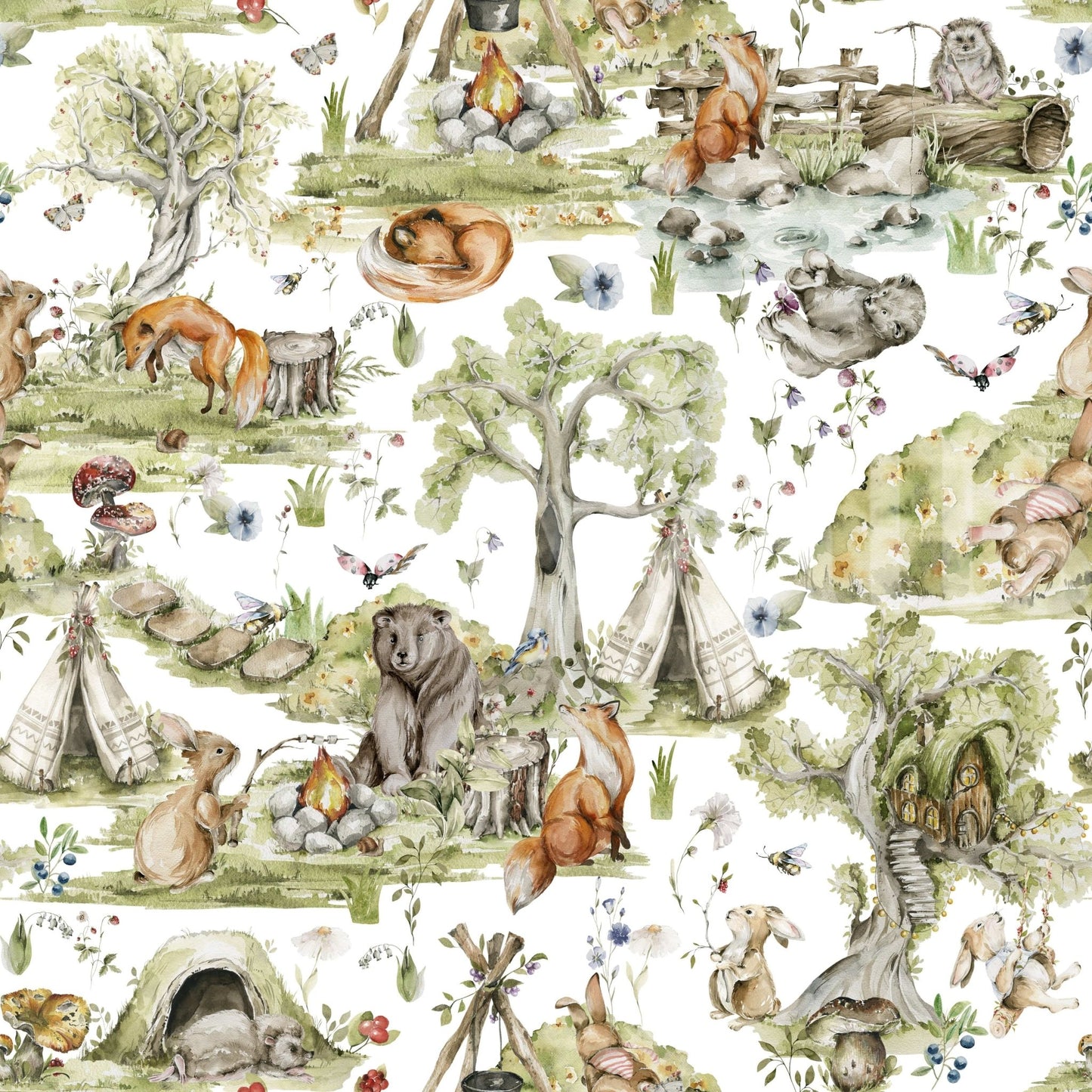 Cozy campsite creatures print Woodland Wonders nursery wallpaper.