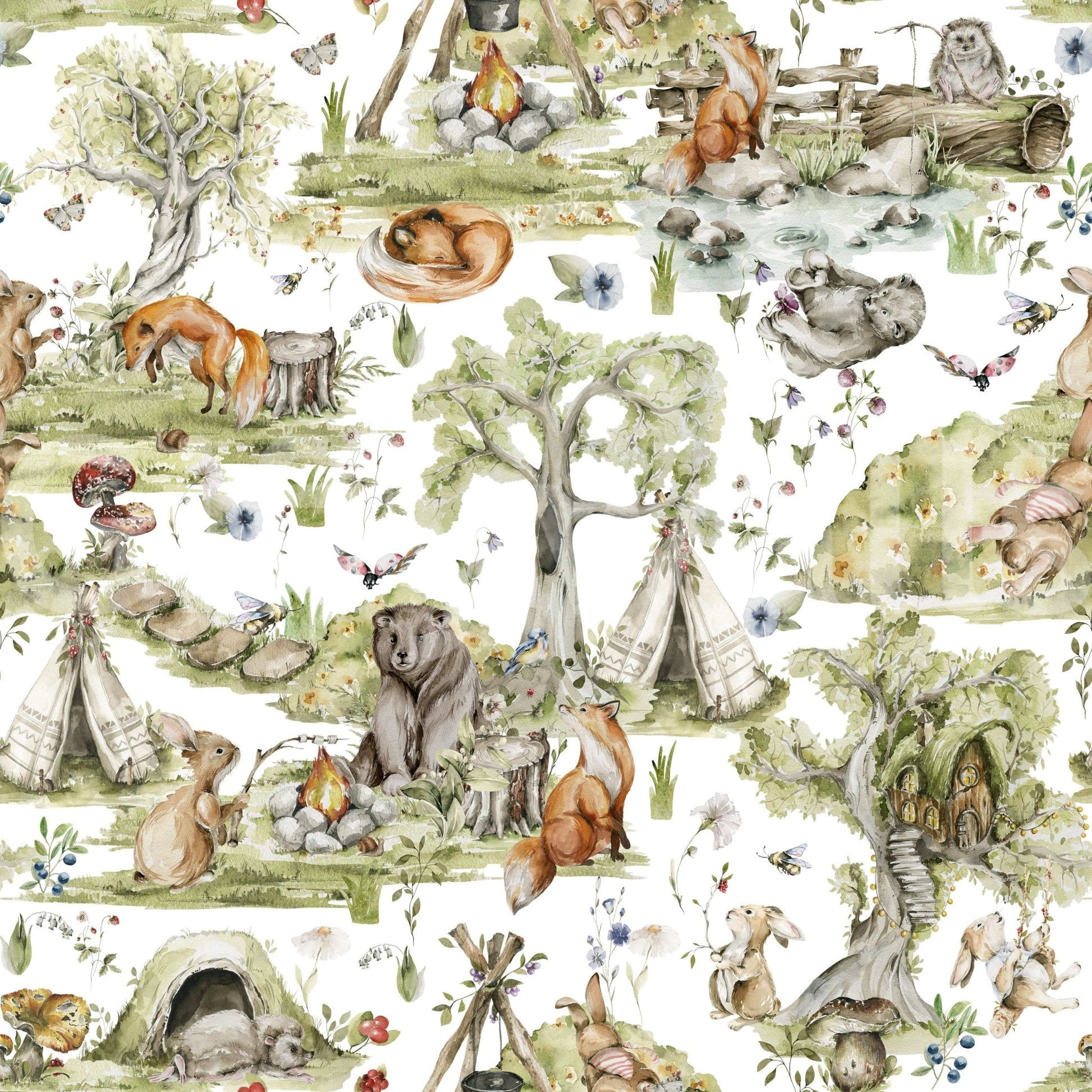Cozy campsite creatures print Woodland Wonders nursery wallpaper.