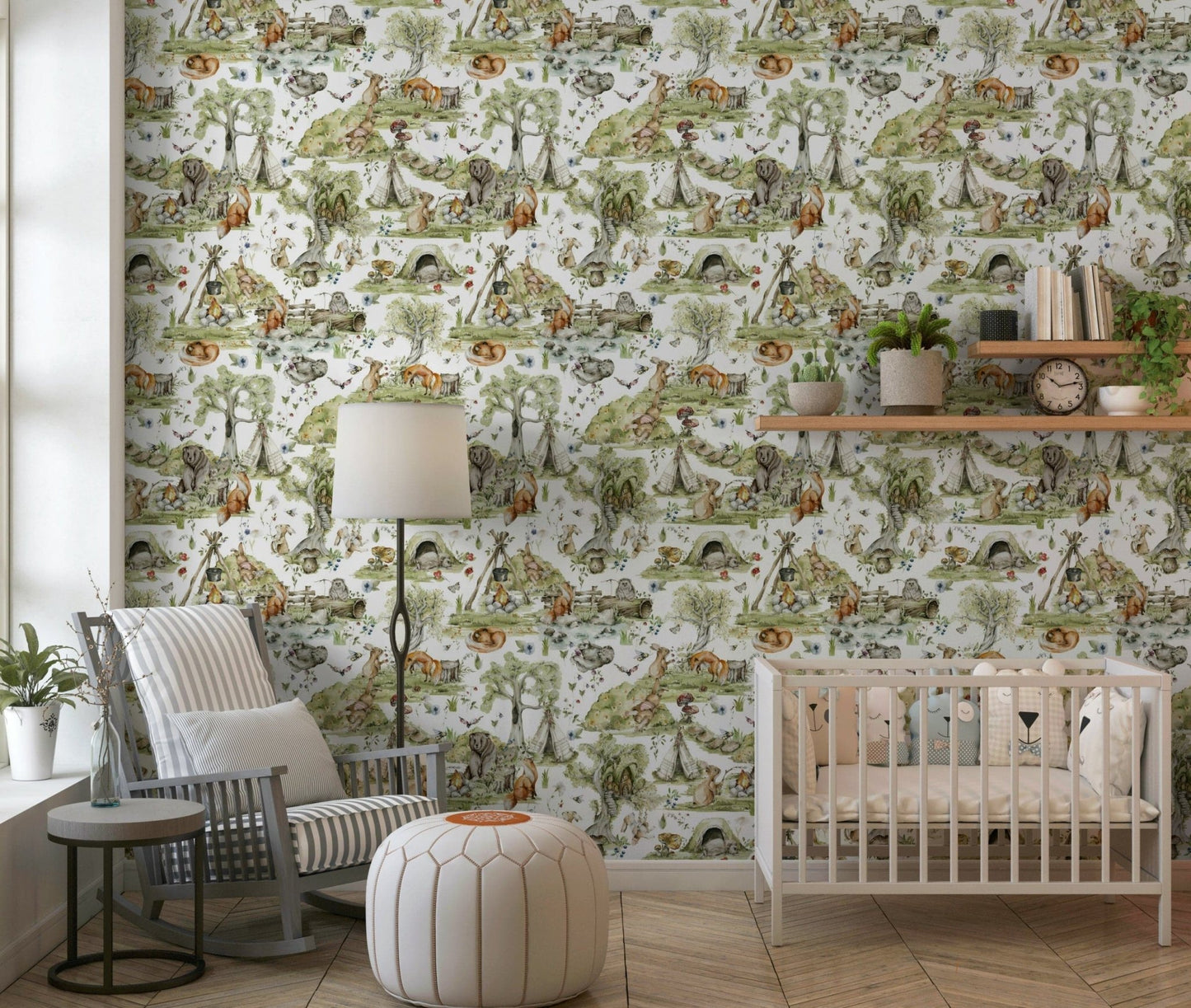 Kids room décor style Woodland Wonders imaginative wallpaper design.