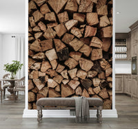 Detail of the realistic bark and ends of logs in the Woodpile Texture mural.