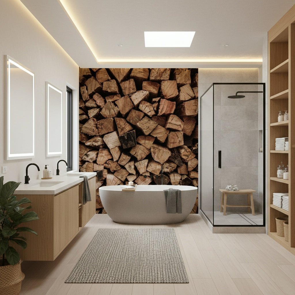 Woodpile Texture Wall Mural in a farmhouse dining area, adding rich texture.