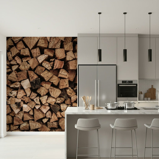 Woodpile Texture Wall Mural close-up, stacked firewood wallpaper detail.