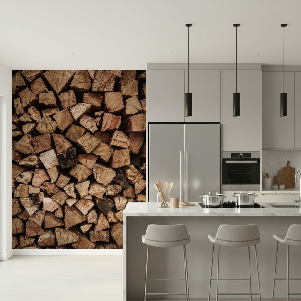 Woodpile Texture Wall Mural close-up, stacked firewood wallpaper detail., GD6112