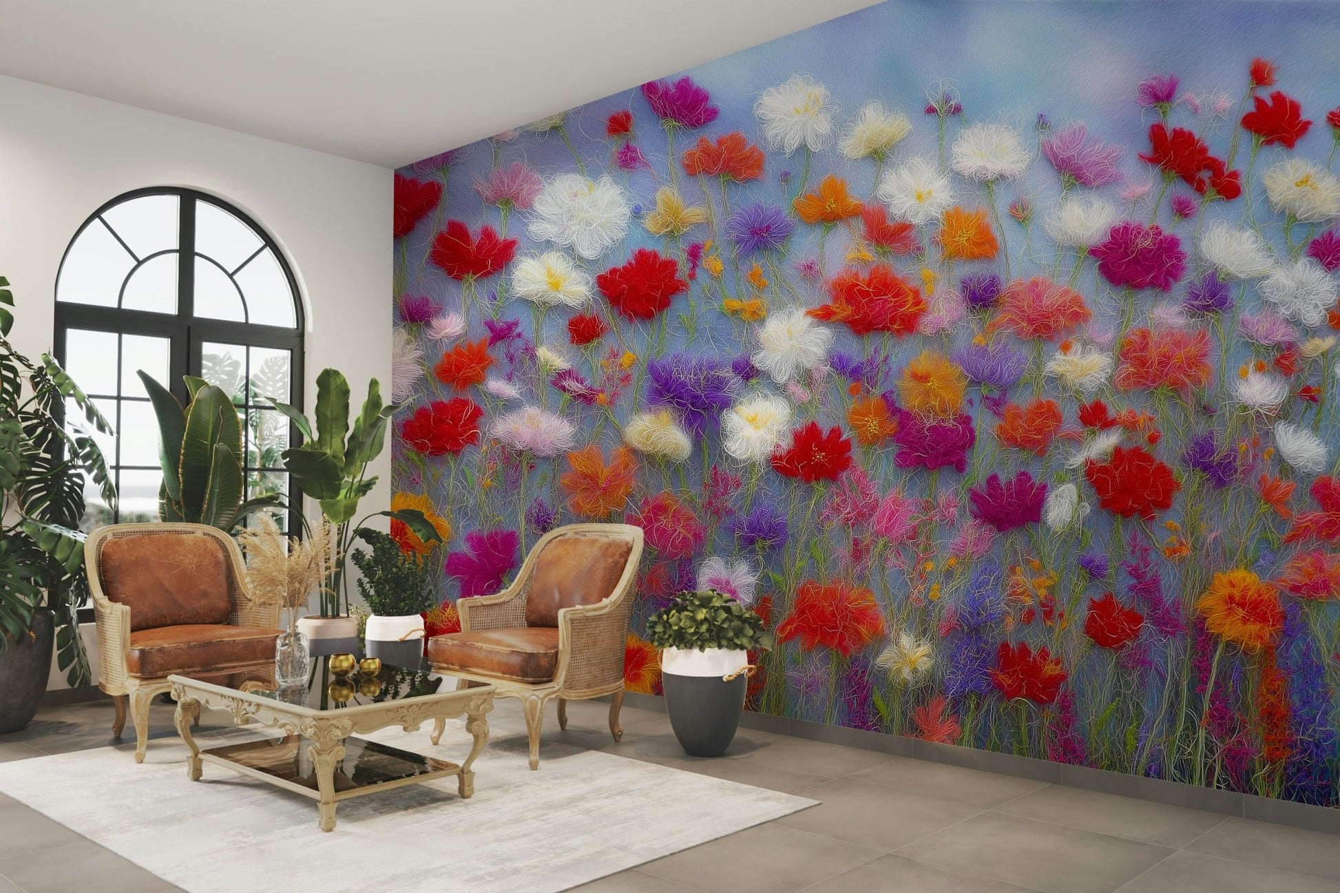 Cozy flower pattern wallpaper with wool finish

