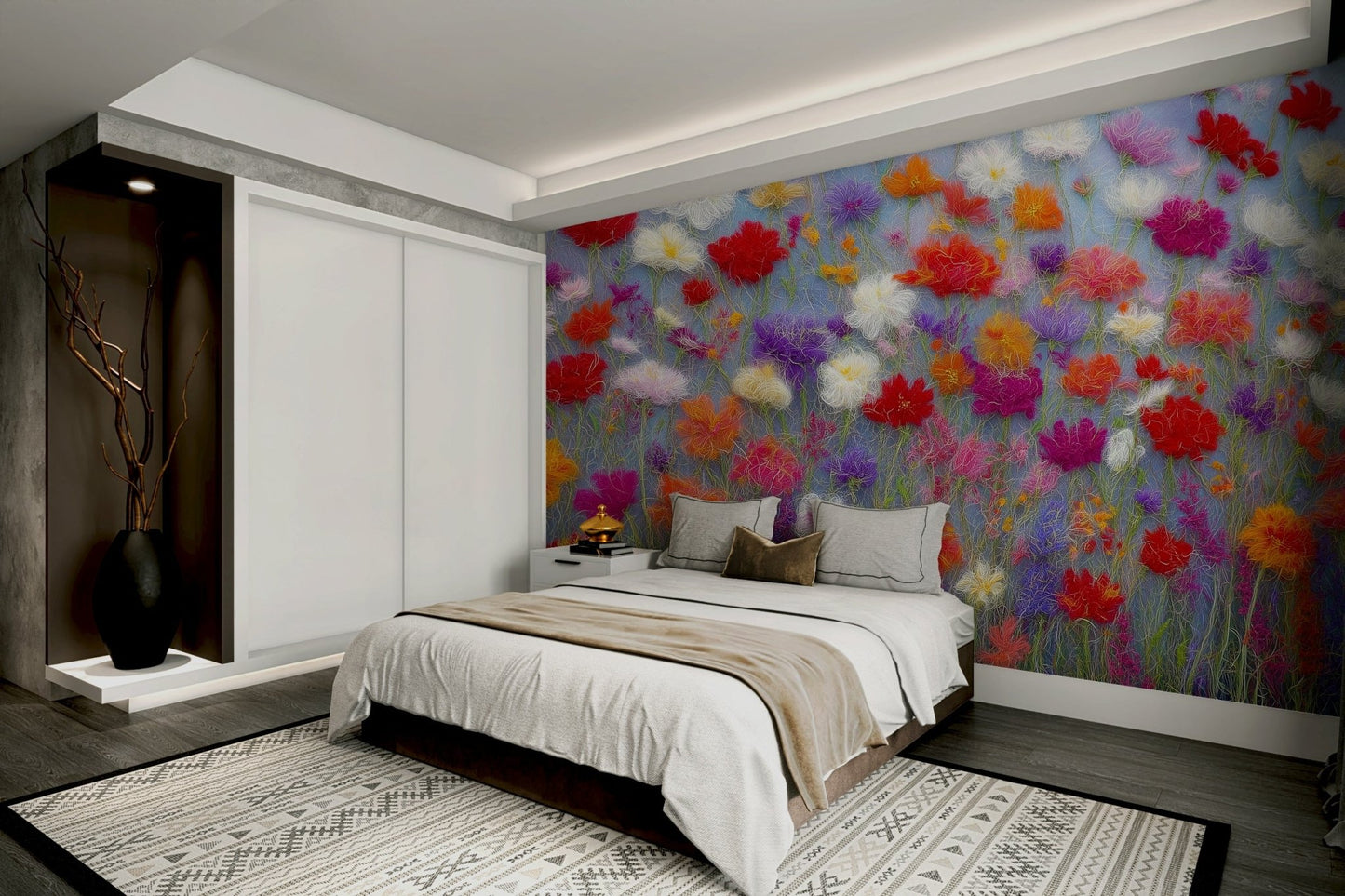 Soft botanical wall mural with fabric look

