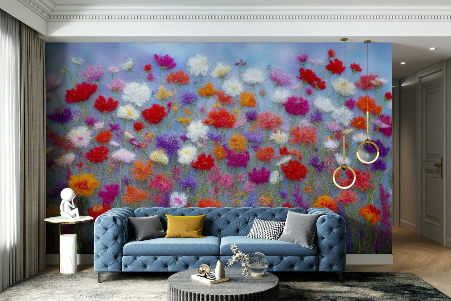 Mural wallpaper with large muted floral blooms


