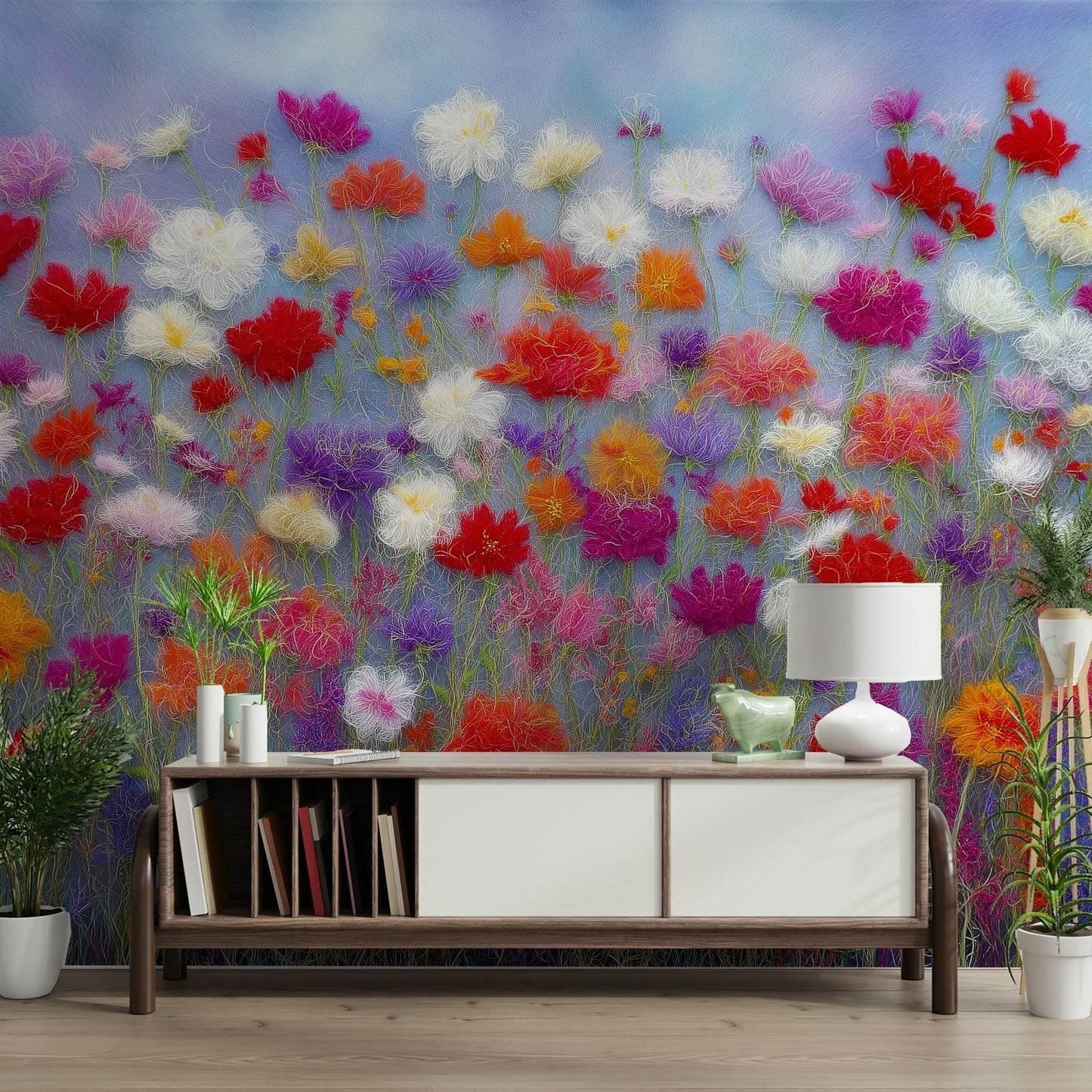Textured floral mural wallpaper in soft tones

