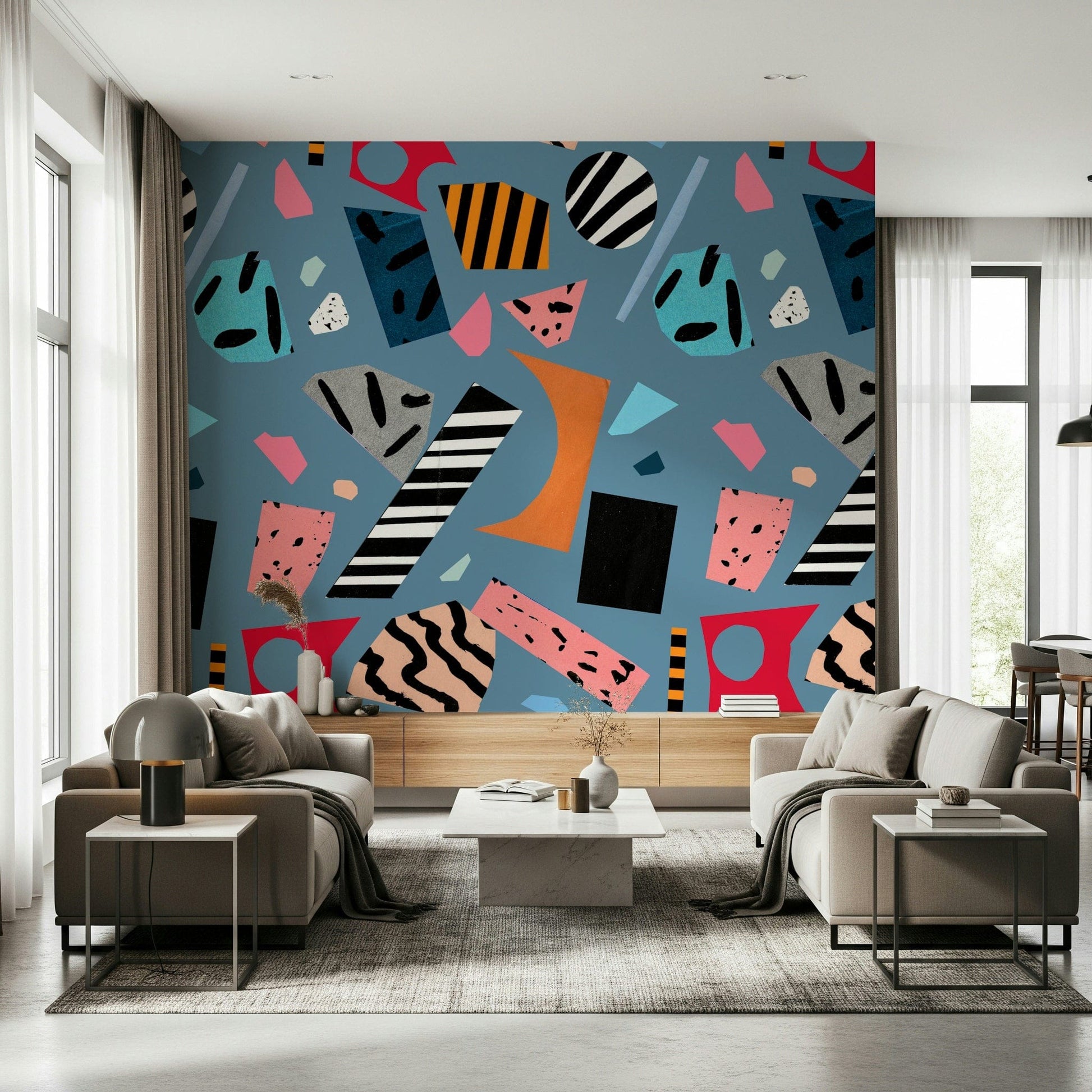 A calming abstract design wallpaper mural that defines a space.