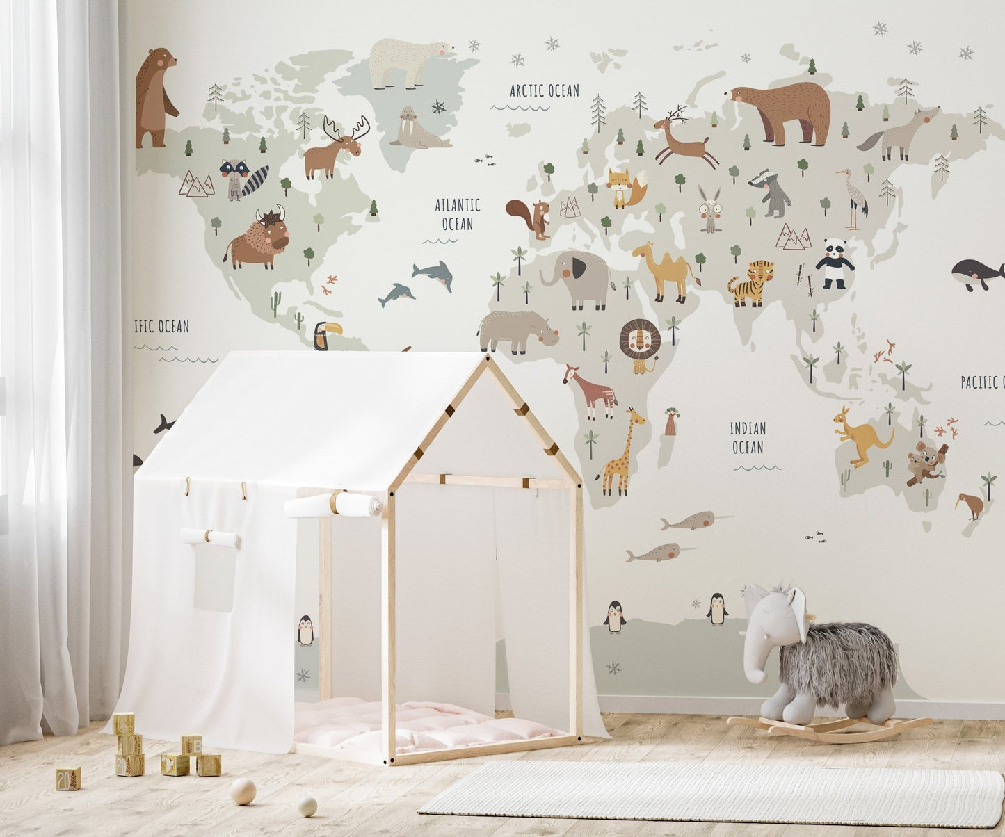 Nursery wallpaper of wildlife and continents, MM05