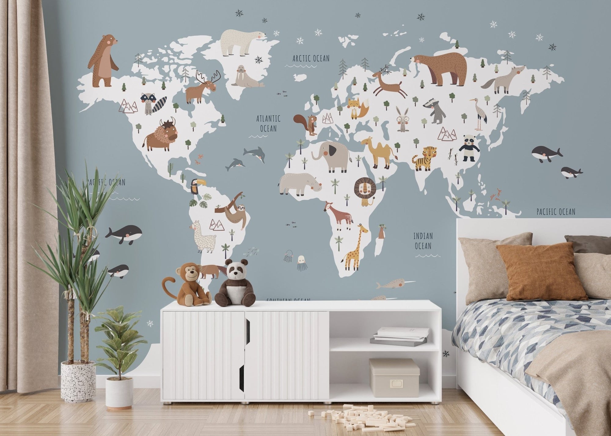 Blue world map kids wallpaper with cute animals MM01
