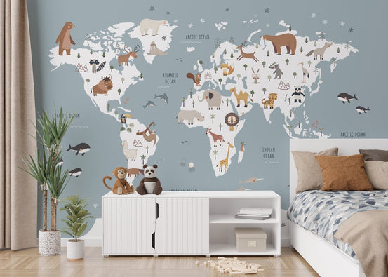 Blue world map kids wallpaper with cute animals MM01
