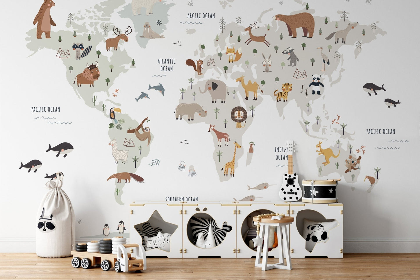 World animals wall mural for kids' education, MM05