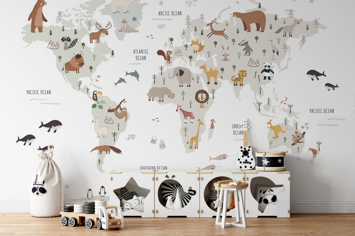 World animals wall mural for kids' education, MM05