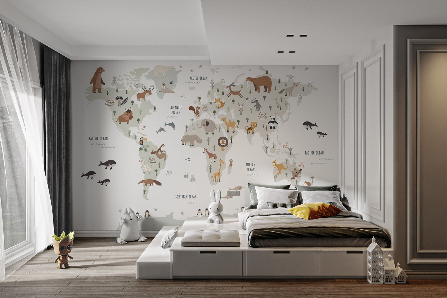 Playroom world map mural with illustrated animals, MM05