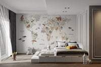 Playroom world map mural with illustrated animals, MM05