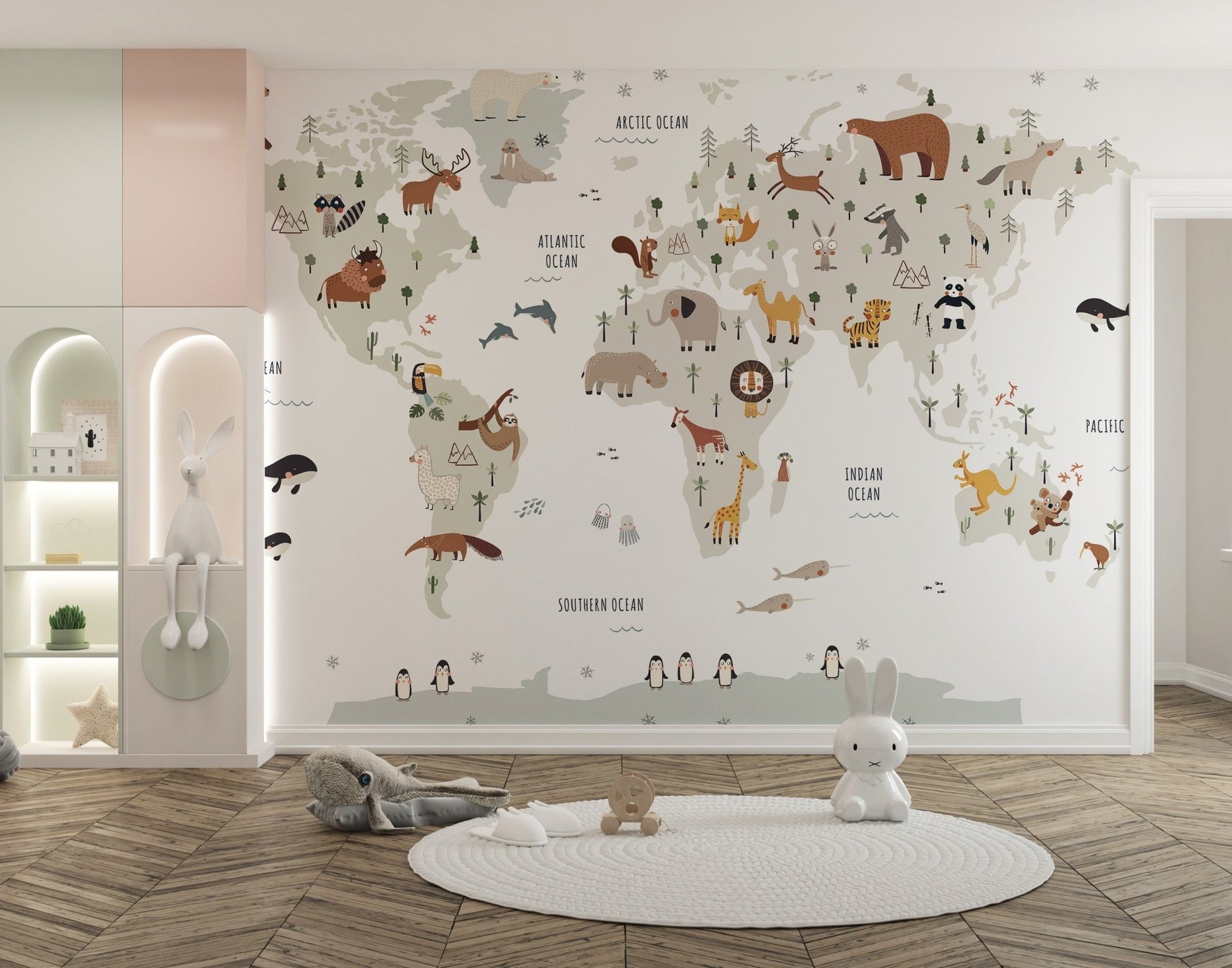 Global wildlife map wallpaper for toddler rooms, MM05