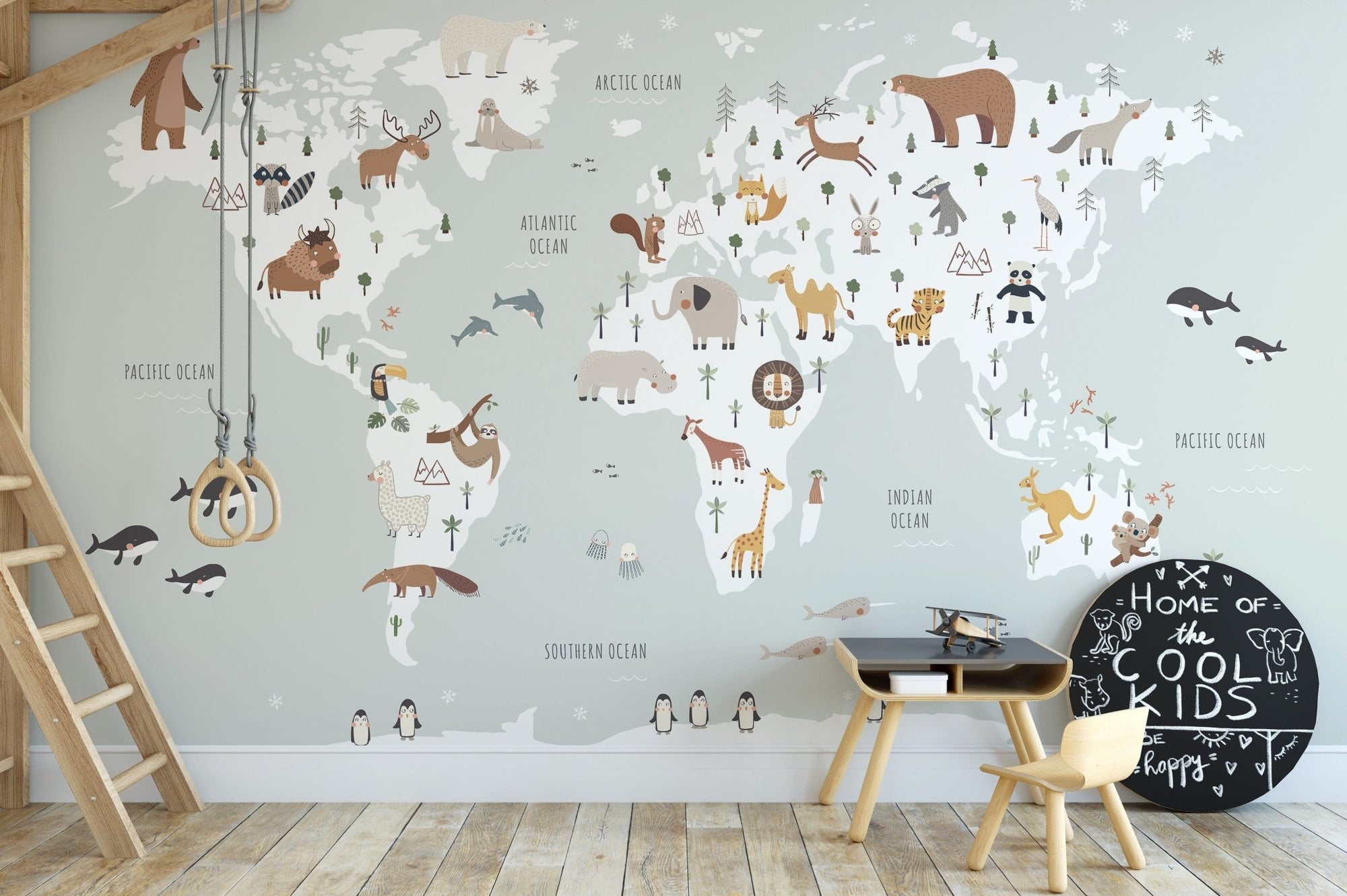Cute animal world map wallpaper for kids' rooms MM04
