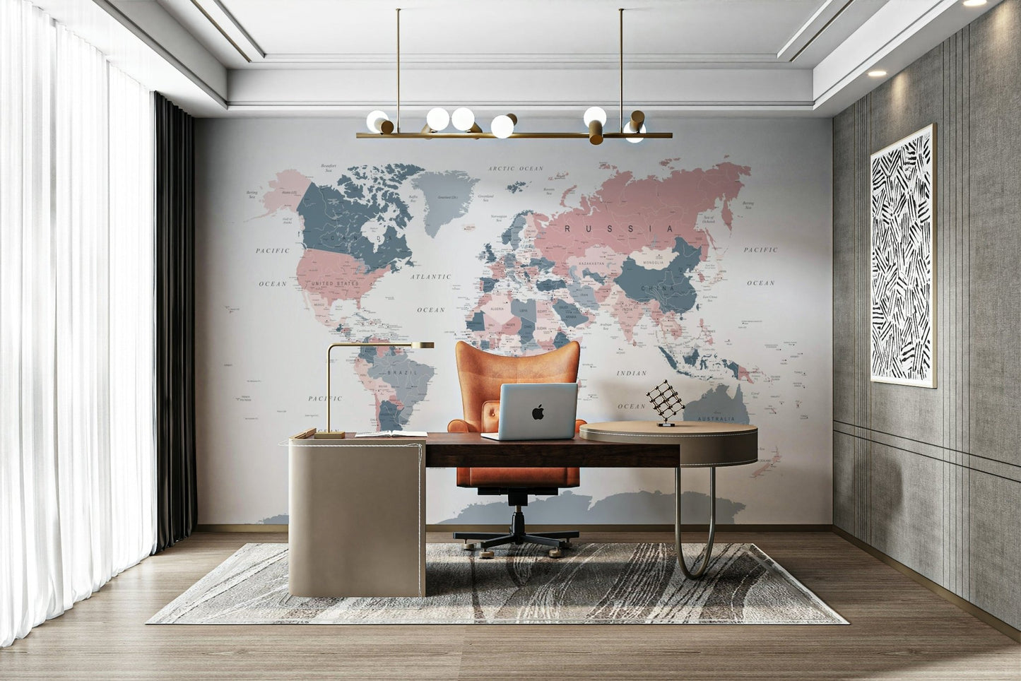 Geography wall mural with blush and blue

