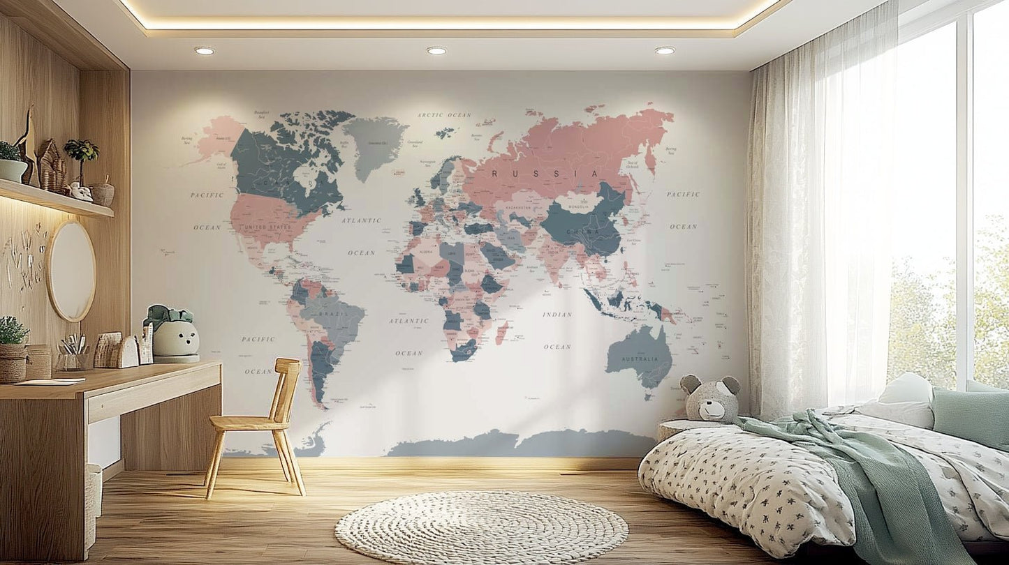 Travel-themed mural wallpaper in pastel tones


