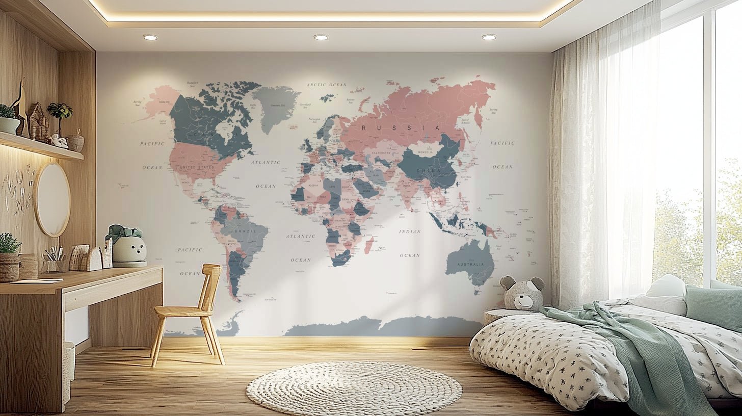 Travel-themed mural wallpaper in pastel tones

