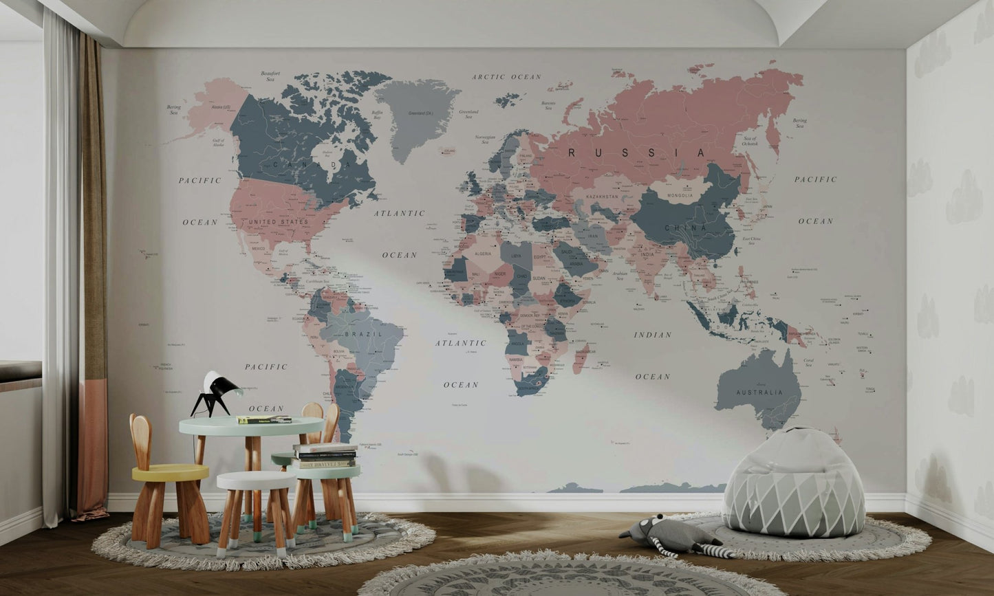 Bedroom wall with blush map mural design

