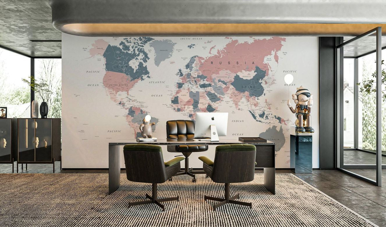 World map mural in blush pink and indigo

