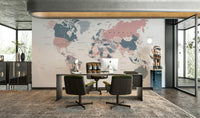 World map mural in blush pink and indigo

