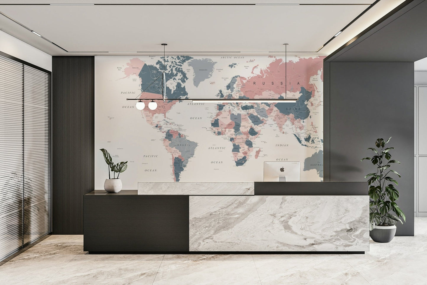 Calm space with world map mural in soft hues

